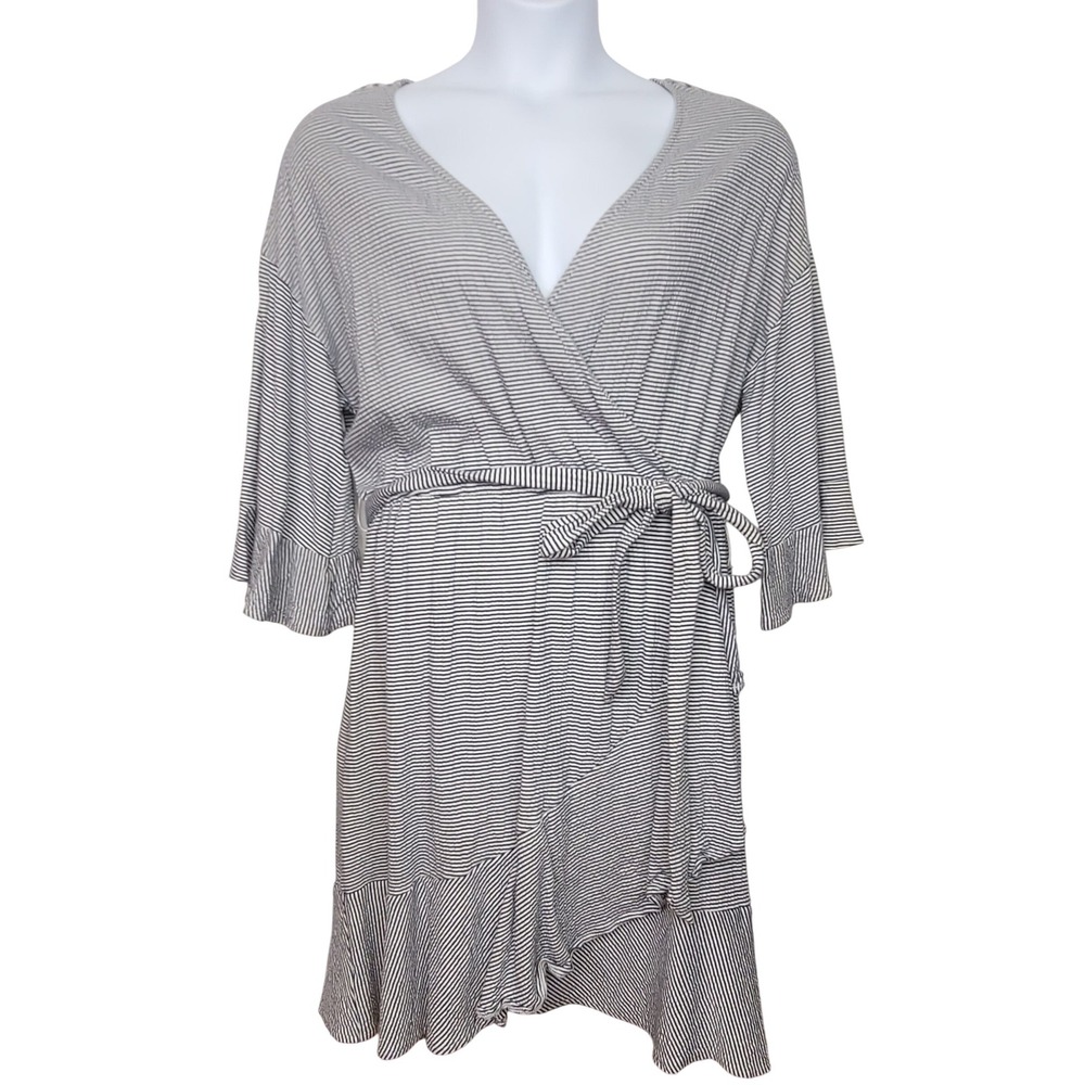 Gap Wrap Dress Women L Blue White Striped Ruffle Bell Sleeve Coastal Preppy Boho